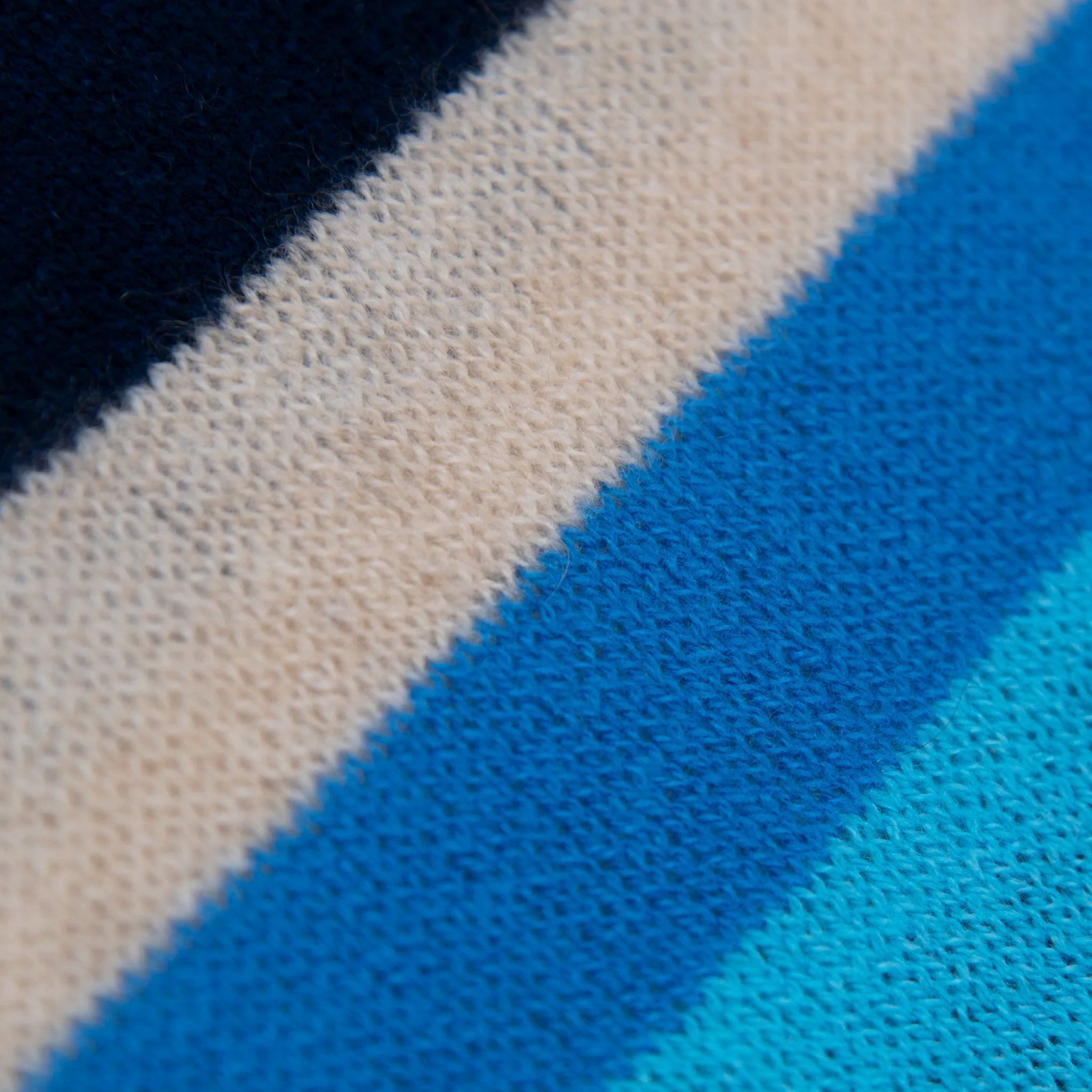 Dettaglio e texture tessuto del Collo doppio anello rigato blu in quadricromia, 100% cashmere, morbido e caldo, Made in Italy.