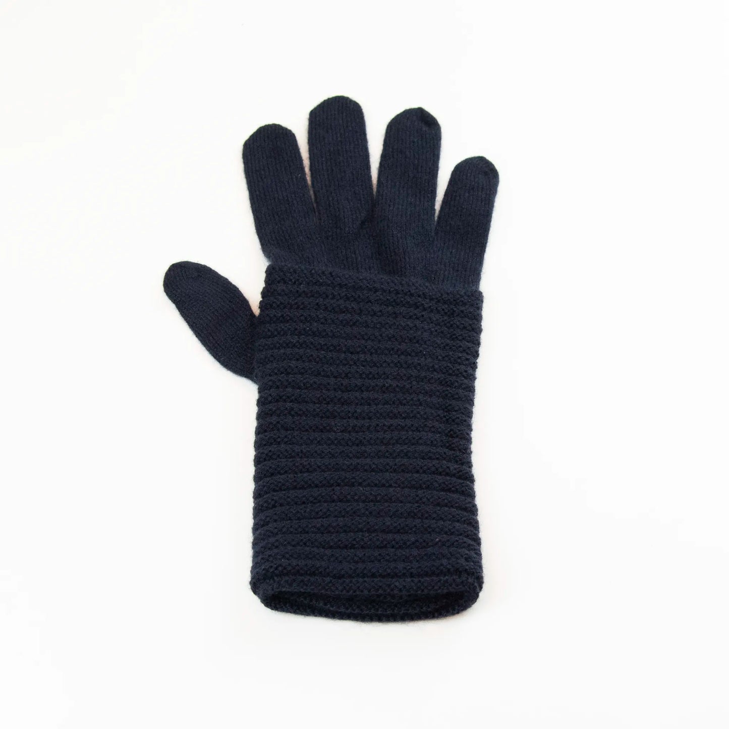 Guanto blu in 100% cashmere a coste inglesi, indossabile lungo o corto, pregiata manifattura Made in Italy.