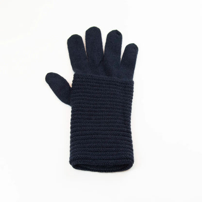 Guanto blu in 100% cashmere a coste inglesi, indossabile lungo o corto, pregiata manifattura Made in Italy.
