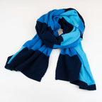Sciarpa e stola in 100% cashmere blu, Made in Italy, realizzata su telai antichi. Fibra di cashmere fine e termoisolante, offre calore e leggerezza. Design versatile, perfetta per tutte le stagioni, con accostamento di colori creato da designer esperti.