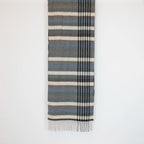 Sciarpa in cashmere e seta, blu, verde, grigia, Made in Italy, con pattern a righe trasversali che dona dinamismo visivo. La fusione armoniosa dei colori rende questa sciarpa facile da abbinare in ogni occasione, offrendo una sensazione di morbidezza, calore e leggerezza. Un accessorio raffinato, frutto della creatività di designer esperti, perfetto per ogni look.