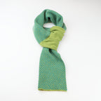 Sciarpa scaldacollo Jacquard double-face zaffiro e verde prato con asola in 100% Cashmere beige. Morbida, versatile e facile da indossare.