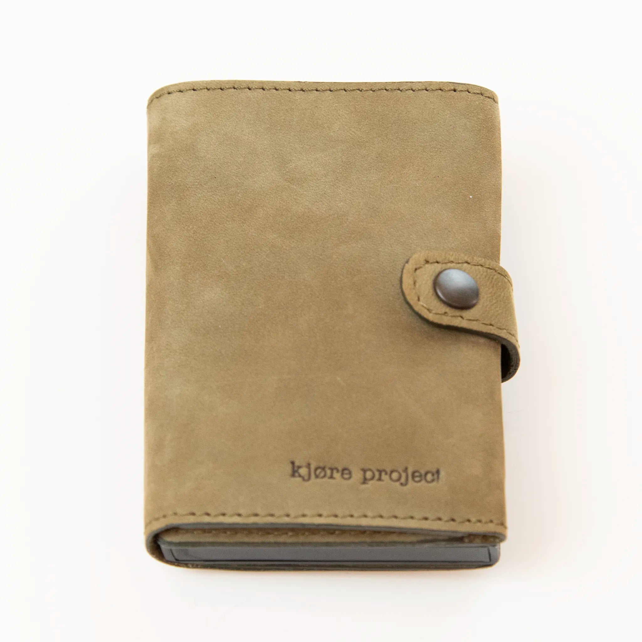 Portafoglio compatto in pelle beige Made in Italy, artigianale, con scomparto carte automatico, molla porta banconote e porta monete.