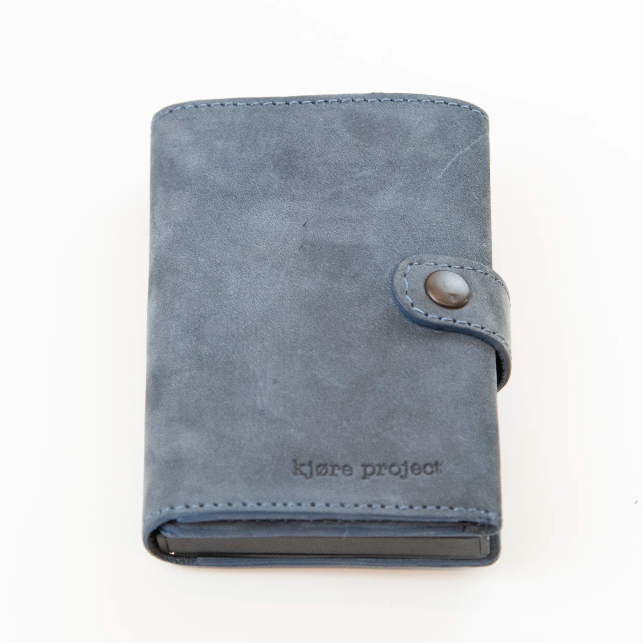 Portafoglio compatto in pelle blu Made in Italy, artigianale, con scomparto carte automatico, molla porta banconote e porta monete.