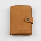 Portafoglio compatto in pelle beige, Made in Italy, artigianale, con due scomparti scorrevoli per 5/6 carte ciascuno, molla porta banconote e scomparto per monete.