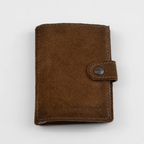 Portafoglio compatto in pelle marrone Made in Italy, artigianale, con due scomparti scorrevoli per 5/6 carte ciascuno, molla porta banconote e scomparto per monete.