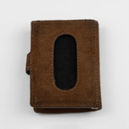 Portafoglio compatto in pelle marrone Made in Italy, artigianale, con due scomparti scorrevoli per 5/6 carte ciascuno, molla porta banconote e scomparto per monete.